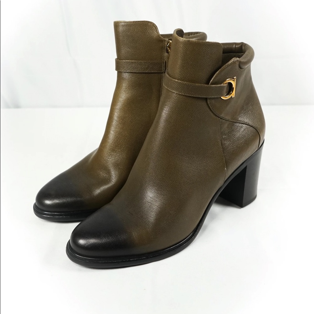 SALVATORE FERRAGAMO Florian Green Ombré Block-Heel Booties Gancini Logo Size 7
